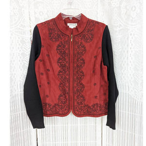 Coldwater Creek Red & Black Faux Suede Embroidered Jacket Size Petite Large